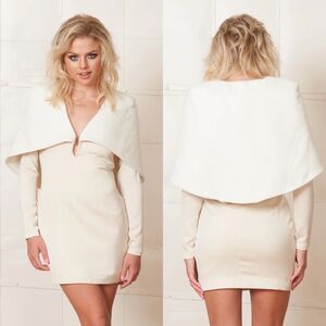 ASILIO Women S 4 Almost Famous Dress Nude Cream Long Sleeve Cape Mini Plunge NEW